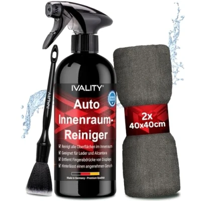 Abbildung von Ivality® Premium Auto Innenraumreiniger Set Cockpitpflege für die Innen Reinigung von Kunststoff, Polster, Leder &amp; Armaturen Autopflege Innenraum Reiniger mit Pinsel Cockpit