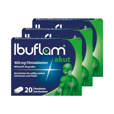 Abbildung von Ibuflam® akut 400 mg Ibuprofen Schmerztabletten 3 x 20 Stück Vorteilspack Ibu Filmtabletten bei Schmerzen, Zahnschmerzen, Fieber und ErkältungSchnelle Schmerzlinderung mit