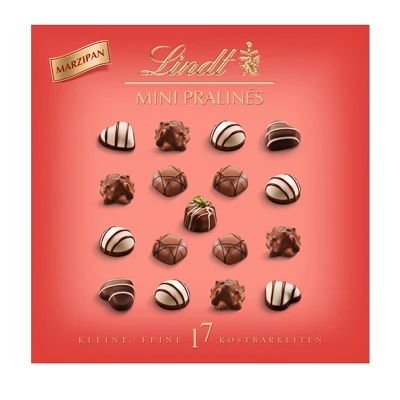 Abbildung von Lindt Schokolade Marzipan Mini Pralinés 90 g Pralinen Schachtel mit je 17 in 6 köstlichen Sorten Pralinengeschenk Schokoladengeschenk