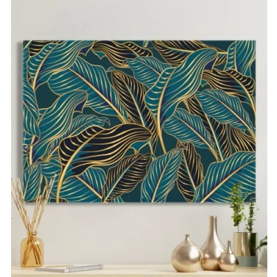 Abbildung von MyMaxxi Premium Leinwandbild auf Keilrahmen Blätter türkis Gold Wandbild Design Wand Dekoration, Gemälde blau Leinwand Blatt, Groesse_leinwand:80x120 cm