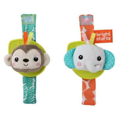 Abbildung von Bright Starts 12092 Rassel und Beißringarmband Affe Elefant, tragbar an Hand oder Fußgelenk, BPA frei , mehrfarbig