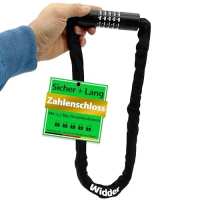 Abbildung von WIDDER Zahlenschloss Kettenschloss [3 Mio Kombinationen, sicher, 110cm lang] Fahrradschloss hohe Sicherheit mit Zahlencode Fahrrad eBike Roller e Scooter Schloss 5 stellig Zahlen Code Bike Lock