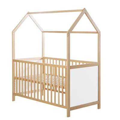 Abbildung von roba Hausbett 70 x 140 cm FSC zertifiziert Babybett in Hausoptik Höhenverstellbar Umbaubar zum Juniorbett Holz bicolor