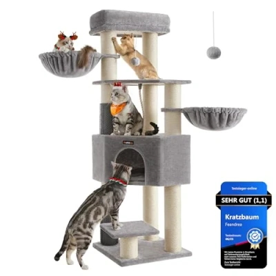 Abbildung von Feandrea Kratzbaum, mit selbstwärmenden Decken, für große Katze, Katzenbaum, 2 Katzenbürsten, 11,1 cm d Dicke Stämme, Plattformen, Höhle, 50 x 160 cm, Taubengrau cremeweiß PCT003N01