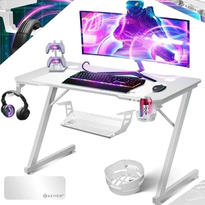Abbildung von KESSER® Gaming Tisch 100cm x 60cm Z Form Gamer Schreibtisch Kopfhörerhaken &amp; Kohlebeschichtung Ergonomischer PC Computertisch Stabiler mit Getränkehalter Weiß