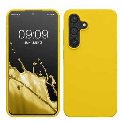 Abbildung von kwmobile Hülle kompatibel mit Samsung Galaxy S24 Silikon Handy Case Handyhülle für weiche Oberfläche kabelloses Laden Strahlend Gelb