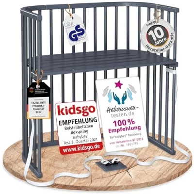Abbildung von babybay Boxspring Beistellbett aus massivem Buchenholz / Kinderbett Höhe stufenlos verstellbar &amp; umweltfreundlich mitwachsendes Babybett (schiefergrau lackiert)
