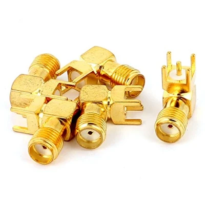 Abbildung von sourcing map 5 STK Gold Ton SMA Buchse auf Stecker 90 Grad Löten HF Steckverbinder PCB Montage de