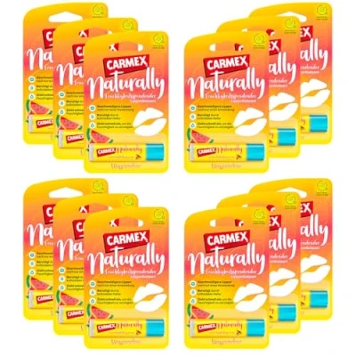Abbildung von Carmex Naturally Stick Wassermelone Lippenpflege für trockene Lippen, Lippenbalsam feuchtigkeitsspendend und beruhigend rissige mit Rizinusöl, Vitamin E Bienenwachs (12 x 4,25 g)