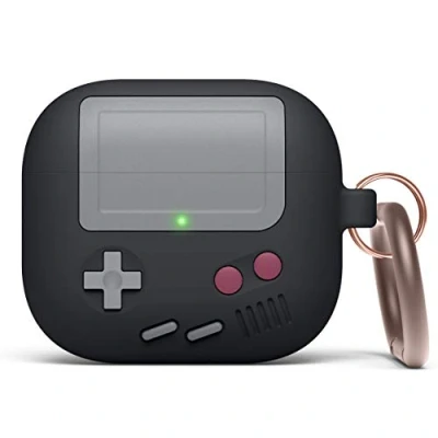 Abbildung von elago AW5 Hülle mit Karabiner Kompatibel AirPods 3 Case, Klassisches Game Player Konsolen Design Case Cover Schlüsselanhänger, Unterstützt Kabelloses Aufladen (Schwarz)