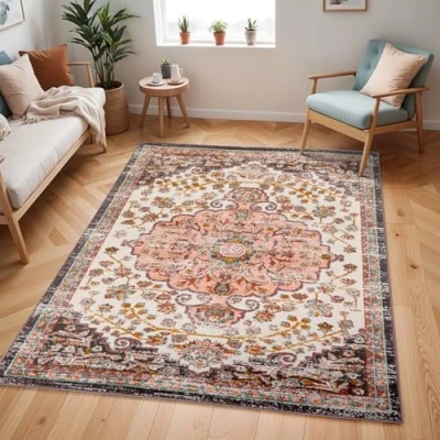 Abbildung von Surya Bray Vintage Teppich groß Orientalischer Wohnzimmer 200x275 cm, Esszimmer, Schlafzimmer Boho Teppich, Kurzflor für einfache Pflege Muster in Rot und Weiß