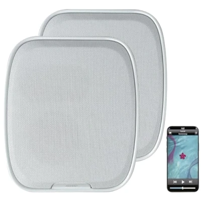 Abbildung von auvisio Mini Lautsprecher Boxen: 2er Set Stereo Wandlautsprecher mit Akku, FM Radio, BT 5.3, weiß (Flacher Lautsprecher, Wand, Bluetooth)