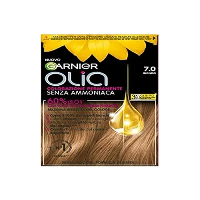 Abbildung von Garnier Olia Haarfarbe, permanente Färbung ohne Ammoniak, deckt 100% weißes Haar ab, mit natürlichen Blütenölen Ursprungs, vegane Formel, Blond