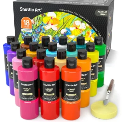 Abbildung von Shuttle Art Acrylfarben Set, 18 in Flaschen (je 250ml, 8,45oz), hochpigmentierte Acrylfarben, Premiume für Künstler, Anfänger und Erwachsene auf Steine, Leinwand, Holz geeignet