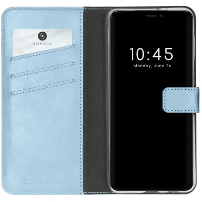 Abbildung von Apple iPhone 13 Mini Hülle Echtleder Selencia Klapphülle Handyhülle Hellblau