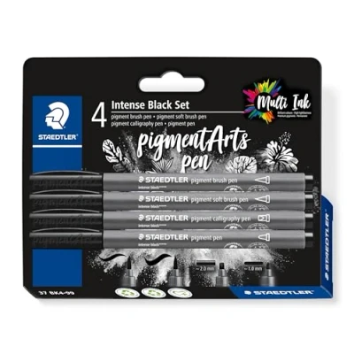 Abbildung von STAEDTLER pigment brush intense black Set, unterschiedliche Brush, Soft Kalligraphie und Outliner Spitzen, intensives schwarz, wasserfest, 4 pens auf Blisterkarte, 37 BK4 99