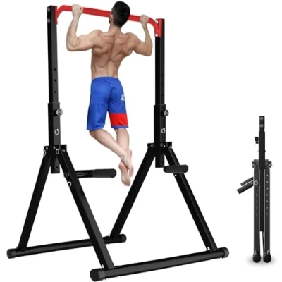 Abbildung von DOBESTS Faltbar Power Tower Dip Station Klimmzugstange Freistehend Höhenverstellbar MultifunKtional Klimmzugturm Fitness Krafttraining für Zuhause,Dreiecksstruktur, Stützgewicht 300KG（011，red）