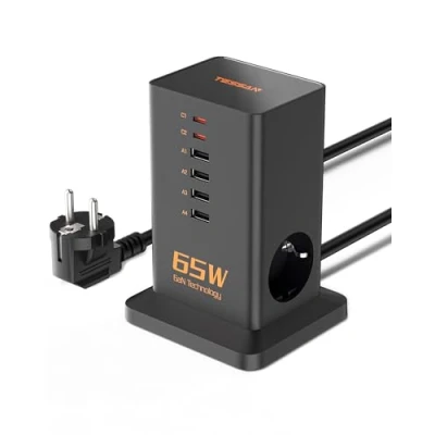 Abbildung von TESSAN 65W USB C Ladegerät, GaN Ladegerät Mehrfach Schnellladegerät mit 2 Fach Steckdosenleiste, Ladestation 2M Kabel für Phone und Pad, Netzteil, Charger Adapter Büro