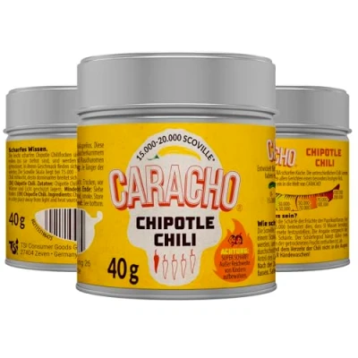 Abbildung von CARACHO 10er Pack x 40g Chili Chipotle Chiliflocken geschrotet Premium 100% Scharfes Chillipulver in Metal Gewürz Dose/Scoville: 15.000 20.000 / Spezialität