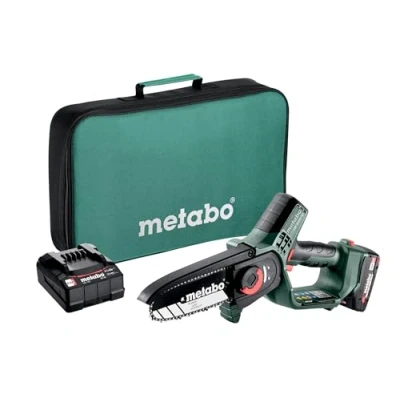 Abbildung von Metabo Akku Gehölzsäge (Holzsäge mit Akku/Ladegerät, kleine Kettensäge 15 cm, in Werkzeugtasche, Gartensäge) 600856500