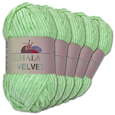 Abbildung von Wohnkult Himalaya 5 x 100 g Velvet Dolphin Wolle 40 Farben zur Auswahl Chenille Strickgarn Glanz Flauschgarn Accessoire Kleidung (90007 Mint)