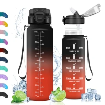Abbildung von Vikaster Trinkflasche Fahrrad, mit Strohhalm 1 Litre, Wasserflasche Leak Proof, BPA Free, Sportflasche für Camping, Yoga, Schule, Gym, Outdoors