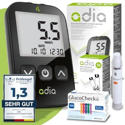 Abbildung von adia Blutzuckerteststreifen (60 Stück) mit Messgerät (mmol/L) und 110 Lanzetten als Komplett Set 1 St