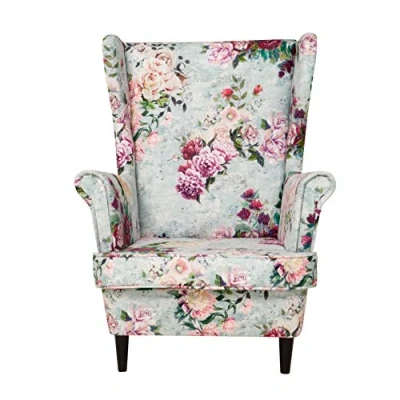 Abbildung von All4All Ohrensessel mit Armlehnen Armlehnesessel Polstersessel Kaminsessel Relaxsessel Skandinavisch Blumenmuster Rosen Blumen Holzfüße Weiß Wenge Nuss Erle Bequem