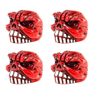 Abbildung von Ventilkappen für Auto Luftventile, Totenkopf Design, passend die meisten Fahrzeuge, LKW Motorräder, Fahrräder (C01837/rot), 4 Stück