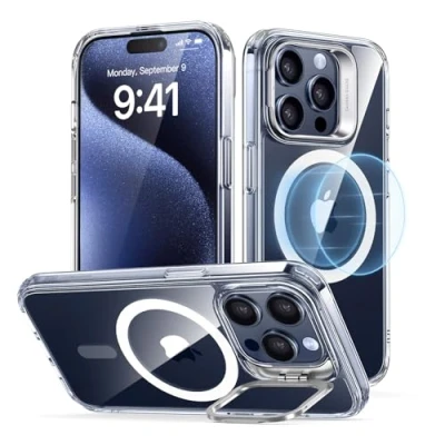 Abbildung von ESR für iPhone 15 Pro Hülle, kompatibel mit MagSafe, Militärnorm Schutzhülle, integrierter Versteck Ständer Handy Case, Kratzfeste Rückseite, Classic Serie, Klar