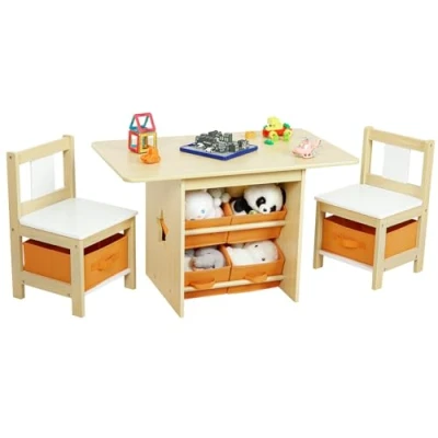 Abbildung von Yorbay Kindersitzgruppe Kindertisch mit 2 Stühlen, 6 Aufbewahrungskörben, (Kindersitzgruppe 3tlg, Orange +Holzfarbe, Stauraum), Sitzgruppe für Kinder, Maltisch Kinderzimmer, Spielzimmer
