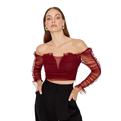 Abbildung von Trendyol Damen Woman Slim Off Shoulder Carmen Collar Woven Blouse Hemd, Burgundy, 40