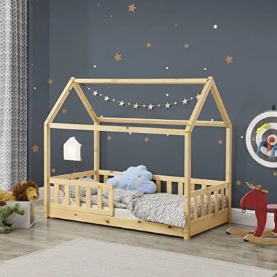 Abbildung von Juskys Kinderbett Marli, 80x160 cm, Hausoptik mit Dach, Holz, Rausfallschutz, 3 10 Jahren