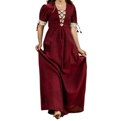 Abbildung von Leonardo Carbone® Damen Kleid Sommerkleid V Ausschnitt Mit Schnürung Weit Schwingender Rock Karneval, Halloween, Cosplay, LARP, Mittelalter, Wikinger 100% Baumwolle Rot/Natur 3XL