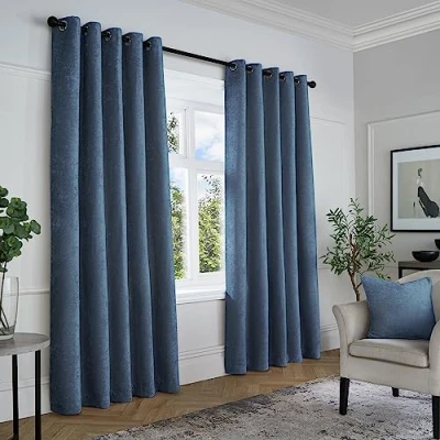 Abbildung von Curtina Marineblaue gewebte Vorhänge, B 66 x L 72 (168 183 cm), blaue Ösenvorhänge, strukturierte Chenille Vorhänge in Dunkelblau, luxuriöse &amp; für Schlafzimmer/Wohnzimmer,