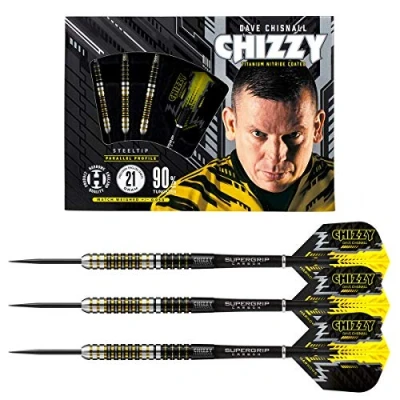 Abbildung von Harrows Dave &quot;Chizzy“ Chisnall 90% Tungsten Darts Pro Player Steel Tip Set 21g, 22g, 23g, 24g, 25g &amp; 26g Enthält Supergrip Carbonschäfte und 100 Mikron Chizzy Flights (23g)