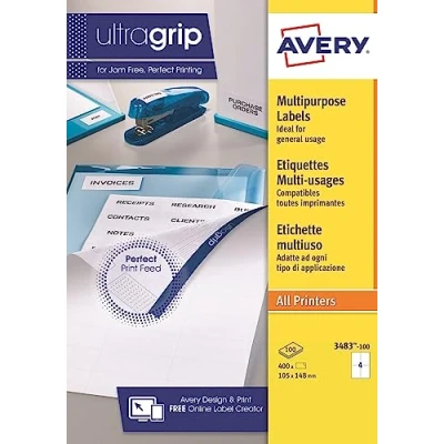 Abbildung von Avery 400 selbstklebende Etiketten, mehrzweck (4 Pro Blatt) 105 x 148 mm Eindruck Laser, Tintenstrahldrucker Weiß (3483)