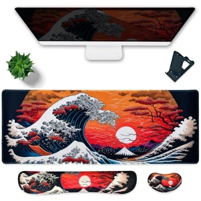 Abbildung von Hopipad Großes Gaming Mauspad, wasserdicht, Maus Handgelenkauflage + Tastatur Handgelenkauflage, rutschfeste Gummiunterseite, ergonomische Computer Schreibtischunterlage mit Handgelenkstütze für