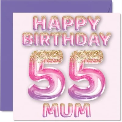 Abbildung von Stuff4 Geburtstagskarte zum 55. Geburtstag für Mama rosa &amp; lila Glitzerballons Happy Birthday Karten 55 Jahre alte Mutter, Mutter vom Sohn, Tochter, 145 mm x