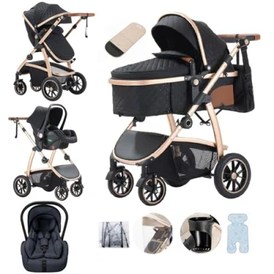 Abbildung von Lnhcrbs Kinderwagen 3 in 1, Baby ist mit Einstellbarer Höhe Griff, Bergsteiger Anti Moskitonetz Regen Abdeckung Mumie Tasche Flaschenhalter,for 0 4 Years,22Kg,Schwarz