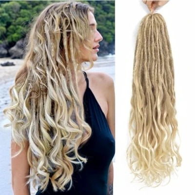 Abbildung von DT CHERYL Loose Wave Dreadlocks 24 Zoll 10 Stränge Double Ended Dreadlock Extensions With French Curly Ends, 0,6CM Thin Synthetic DE for Women (27/613#, inch Strands)