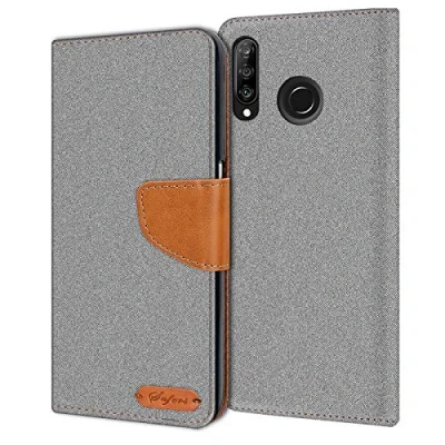 Abbildung von Verco kompatibel mit Huawei P30 Lite Hülle, Schutzhülle für Tasche Denim Textil Book Case Flip Klapphülle, Grau