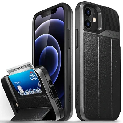 Abbildung von VENA vCommute Brieftasche Hülle für Apple iPhone 12 Mini (5.4&quot; inch), (Military Grade, Kartenfach) HandyHülle mit Standfunktion, Leder Flip Etui Schutzhülle Grau