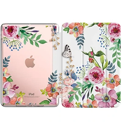 Abbildung von MoKo Hülle Kompatibel mit Neu iPad 9. Generation 10,2 Zoll 2021 Schutzhülle Ständer, TPU Transluzent Matt Rückseite Cover Auto Schlaf/Aufwach Funktion, Duftende Blume