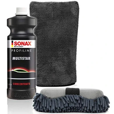 Abbildung von detailmate Universalreiniger Basic 2 Set: SONAX ProfiLine MultiStar 1L 2in1 Insektennetz Waschschwamm Präzisionshandschuh 1000GSM