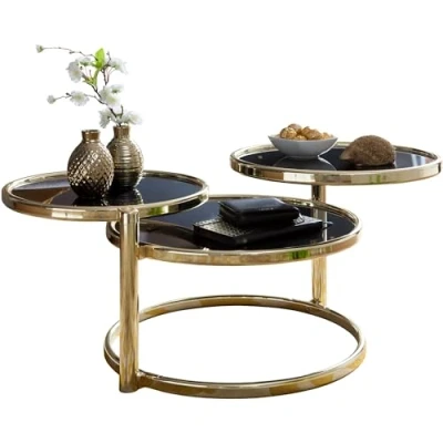Abbildung von Wohnling Couchtisch mit 3 Tischplatten Schwarz/Gold 58 x 43 cm, Beistelltisch Rund, Design Wohnzimmertisch Glas/Metall, Designer Glastisch Sofatisch modern, Kleiner Loungetisch