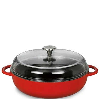 Abbildung von Küchenprofi PROVENCE Gusseisenpfanne rund emailliert rot/innen schwarz 28 cm mit hohem Glasdeckel für alle Herdarten, inkl. Induktion geeignet Schmortopf Bräter Deckel