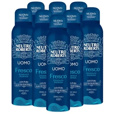 Abbildung von Neutro Roberts Deo Spray für Herren, 48 Stunden, ohne Aluminiumsalze natürliche Atmungsaktivität, staubfrei, hinterlässt keine Flecken auf der Kleidung 8 Flaschen à 150 ml