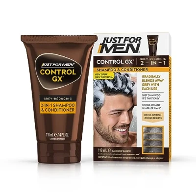 Abbildung von Just for Men Control GX 2 in 1 Shampoo und Spülung zur Reduzierung des Grauanteils, verbesserte Formel, alle Haarfarben, 118 ml