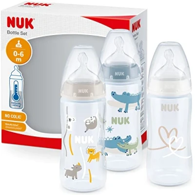 Abbildung von NUK First Choice+ Babyflasche im Set 06 Monate Temperature Control Anzeige 300 ml Anti Colic Ventil BPA frei Trinksauger aus Silikon 3 Stück Safari